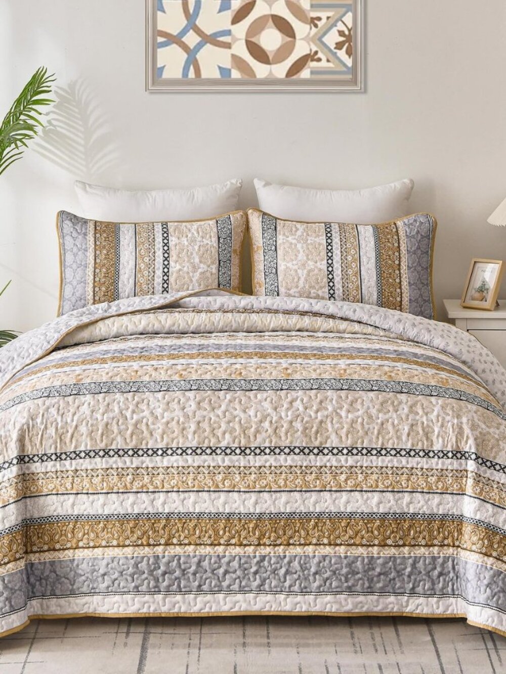 Boho Quilt Set Queen, 3 Pcs Brown Bedspread Covrtlet Set